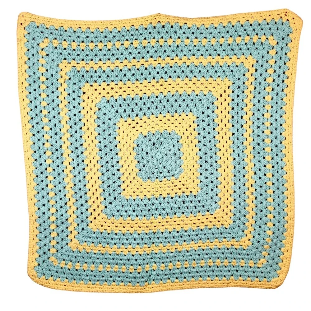 Vintage Handmade CROCHET AFGHAN‎ BABY LAP BLANKET PASTEL Yellow Blue 35
